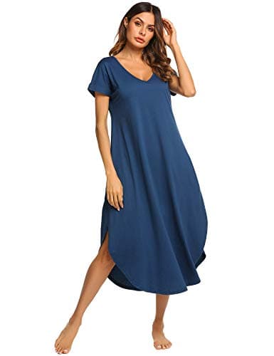 Soft Ekouaer V-Neck Women's Sleepwear Nightgown with Side Pockets