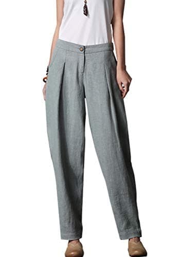 Minibee Women's Casual Linen Tapered Pants with Pockets Elastic Waist