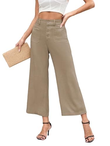 Famulily Women's Linen Button Down Wide Leg Cropped Pants with Pockets