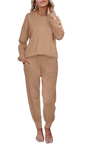 Ekouaer Women's Long Sleeve Knit Pajama Set with Pockets S-XXL