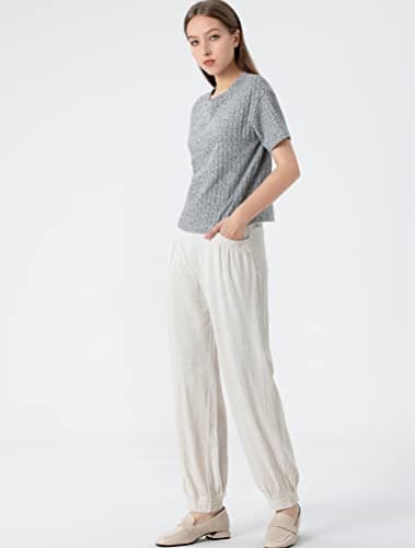 Minibee Women's Cotton Linen Tapered Crop Pants Elastic Waist