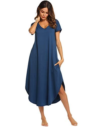 Soft Ekouaer V-Neck Women's Sleepwear Nightgown with Side Pockets