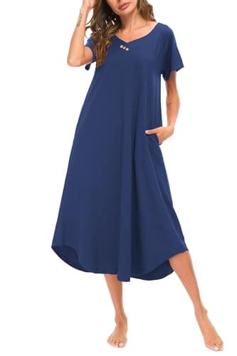 YOZLY Soft V-Neck Short Sleeve Nightgowns for Women with Pockets