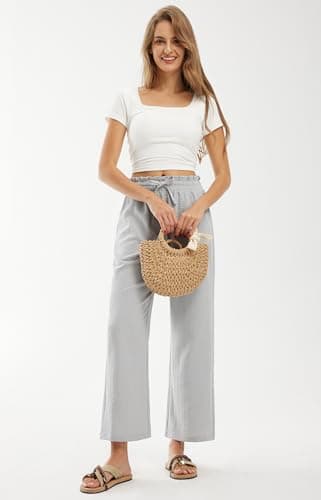 Libin Women's High Waist Wide Leg Imitation Linen Palazzo Pants