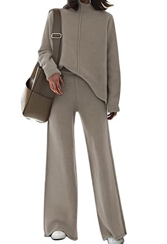 AOHITE Women's Long Sleeve Knit Top & Wide Leg Sweatpants Outfit Set