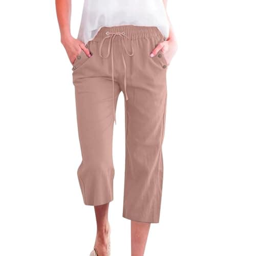 Nantdog Women's High-Waisted Drawstring Linen Capri Trousers