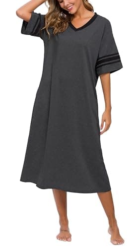 Vslarh Women's Soft V-Neck Knit Nightgown with Pockets S-XXL
