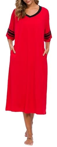 Vslarh Women's Soft V-Neck Knit Nightgown with Pockets S-XXL