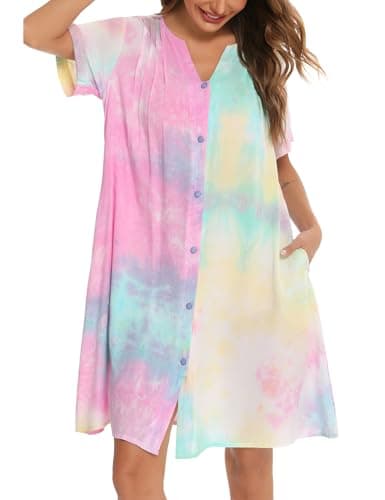 YOZLY Women's Cotton Duster Robe Short Sleeve Button Down Nightgown