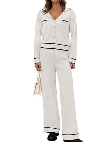 ZESICA Women's Fall Long Sleeve Knit Set V-Neck Sweater & Wide Leg Pants