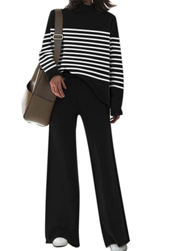 AOHITE Women's Long Sleeve Knit Top & Wide Leg Sweatpants Outfit Set