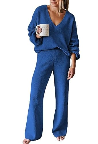 AOHITE Women's Casual V-Neck Knit Sweater Set with Wide Leg Pants