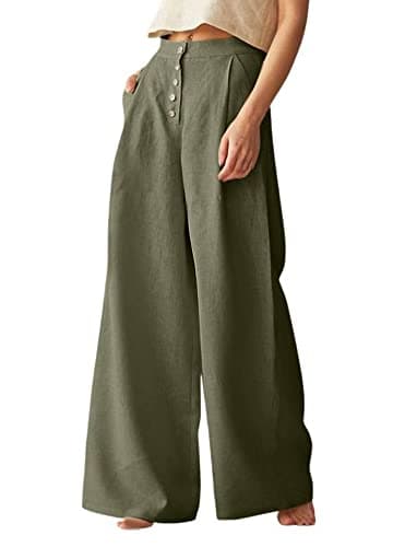 Chouyatou Women's Summer High Waisted Cotton Linen Palazzo Pants with Pockets