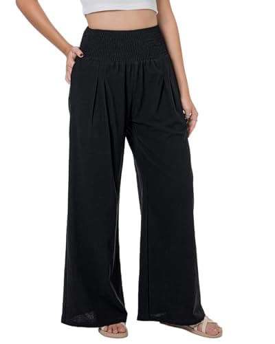 LOFBAZ Women's Summer High Waisted Boho Flowy Cotton Linen Palazzo Pants with Pockets