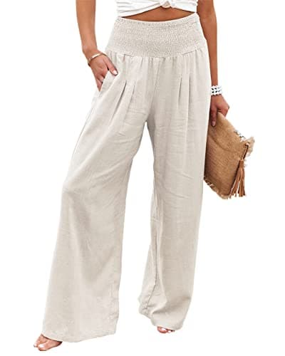 Chouuya Women's Smocked High-Waisted Cotton Linen Palazzo Pants Wide Leg with Pockets