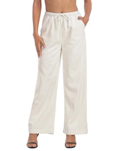 HDE Women's Linen Drawstring Wide Leg Palazzo Trouser with Pockets