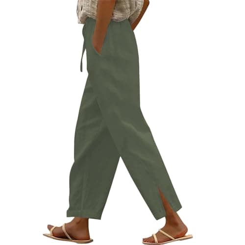 High Waisted Elastic Drawstring Linen Pants for Women Beach Casual Wide Leg Pockets