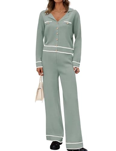 ZESICA Women's Fall Long Sleeve Knit Set V-Neck Sweater & Wide Leg Pants