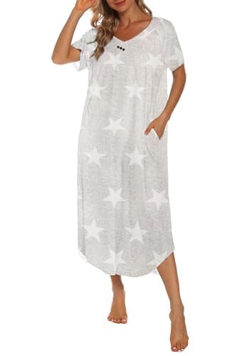 YOZLY Soft V-Neck Short Sleeve Nightgowns for Women with Pockets