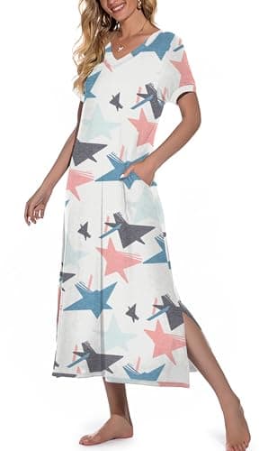 PrinStory Women's Soft V-Neck Long Nightgown with Pockets