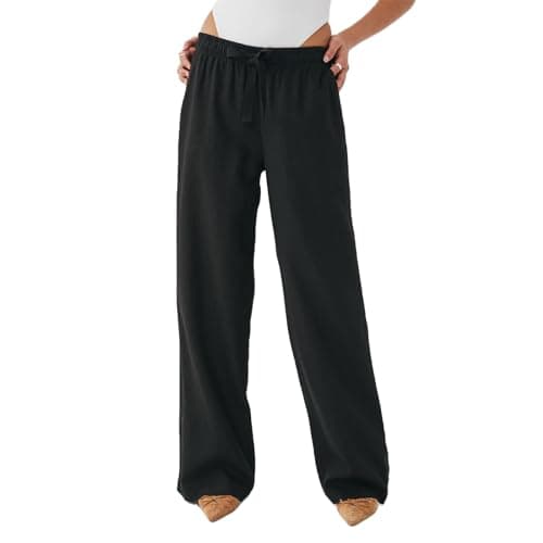 Elastic Waist Drawstring Palazzo Pants for Women AIWPSTOIN Linen Summer Beachewear