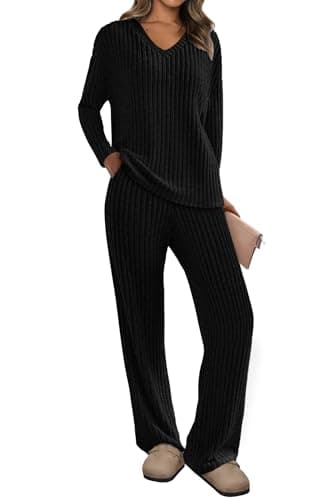 PRETTYGARDEN Women's Long Sleeve V Neck Top & Wide Leg Pants Spring Fall Outfits