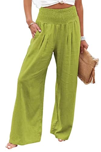 GLIENST Women's High-Waisted Smocked Linen Palazzo Pants S-2XL