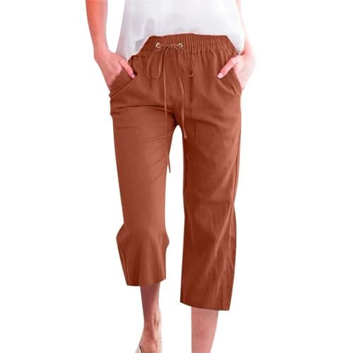 Nantdog Women's High-Waisted Drawstring Linen Capri Trousers