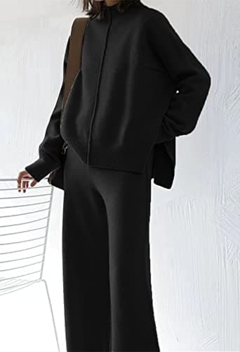 AOHITE Women's Long Sleeve Knit Top & Wide Leg Sweatpants Outfit Set