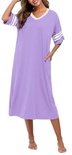 Vslarh Women's Soft V-Neck Knit Nightgown with Pockets S-XXL