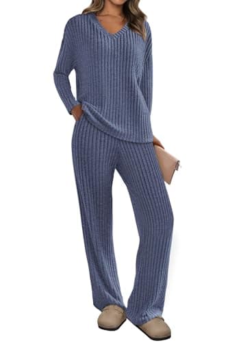 PRETTYGARDEN Women's Long Sleeve V Neck Top & Wide Leg Pants Spring Fall Outfits