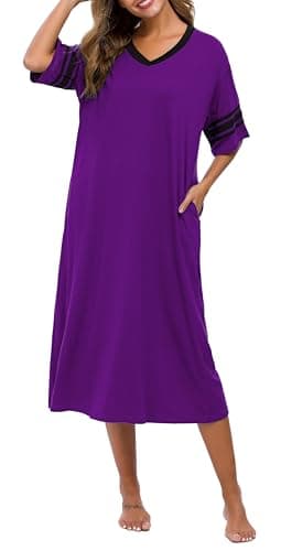 Vslarh Women's Soft V-Neck Knit Nightgown with Pockets S-XXL