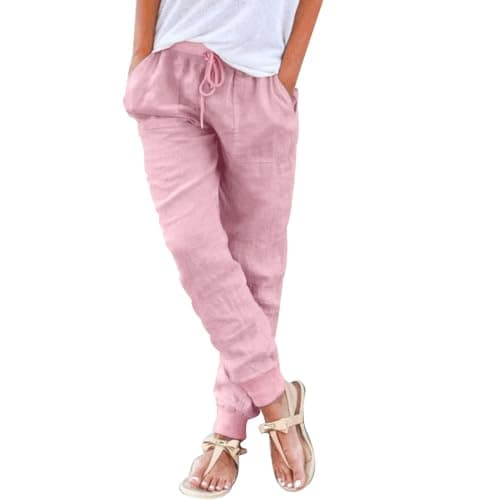 Puimentiua Women's Tapered Cotton Linen Drawstring Pants with Pockets