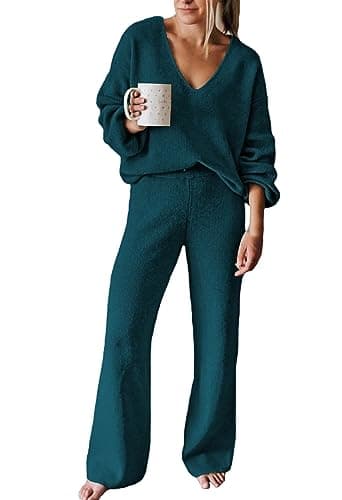AOHITE Women's Casual V-Neck Knit Sweater Set with Wide Leg Pants