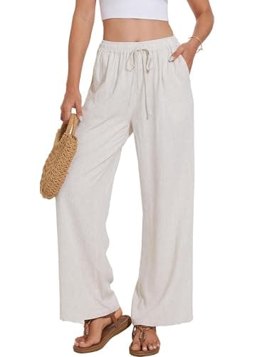 Cizayoi High-Waisted Wide Leg Drawstring Linen Pants for Summer Beach Casual Wear