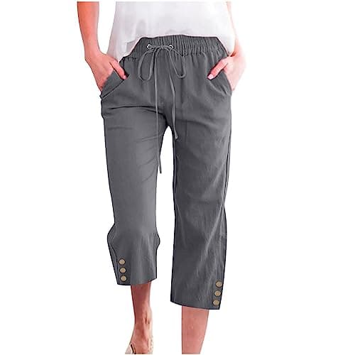 Nantdog Women's High-Waisted Drawstring Linen Capri Trousers