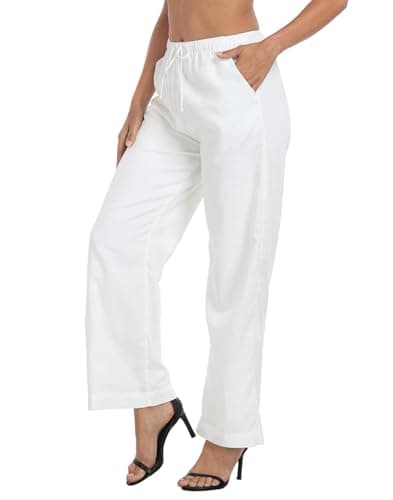 HDE Women's Linen Drawstring Wide Leg Palazzo Trouser with Pockets
