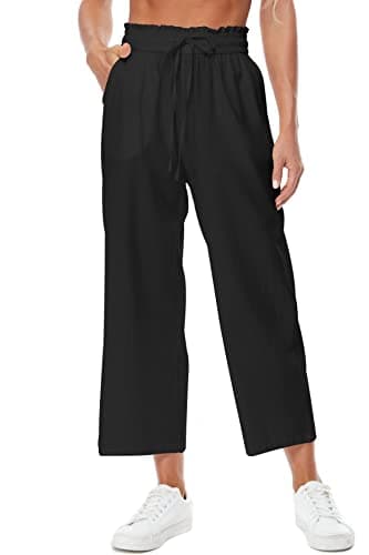 Womens Wide Leg Linen Pants High Waisted Drawstring Beach Leisurepants with Pockets