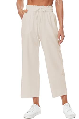 Womens Wide Leg Linen Pants High Waisted Drawstring Beach Leisurepants with Pockets