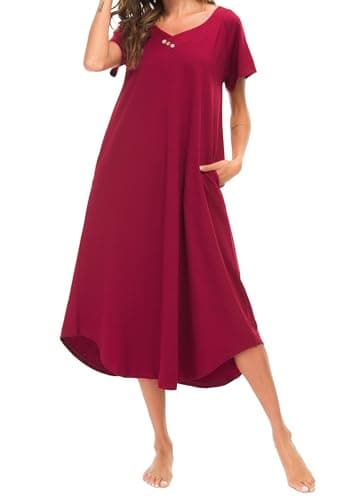 YOZLY Soft V-Neck Short Sleeve Nightgowns for Women with Pockets