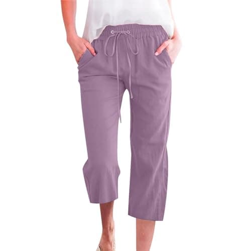Nantdog Women's High-Waisted Drawstring Linen Capri Trousers
