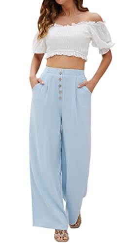 SVALIY Women's High-Waisted Flowy Cotton-Linen Palazzo Pants with Pockets