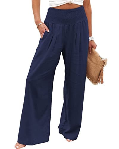 GLIENST Women's High-Waisted Smocked Linen Palazzo Pants S-2XL