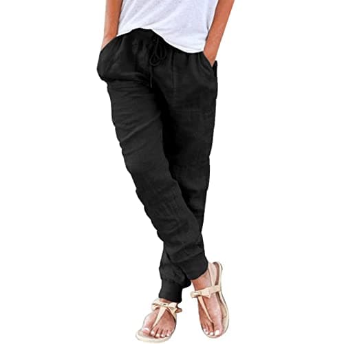 Puimentiua Women's Tapered Cotton Linen Drawstring Pants with Pockets