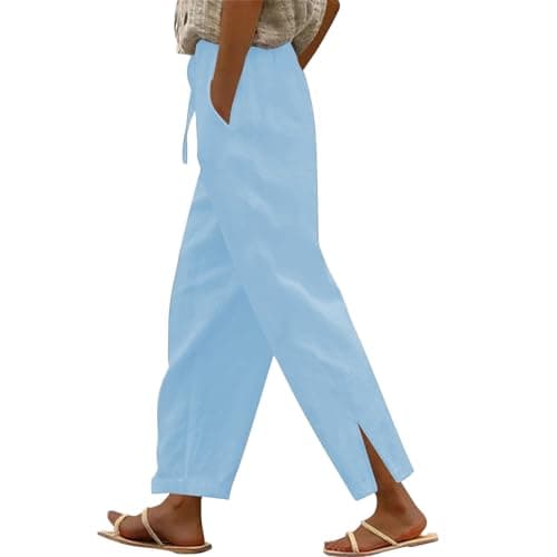 High Waisted Elastic Drawstring Linen Pants for Women Beach Casual Wide Leg Pockets