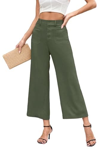 Famulily Women's Linen Button Down Wide Leg Cropped Pants with Pockets