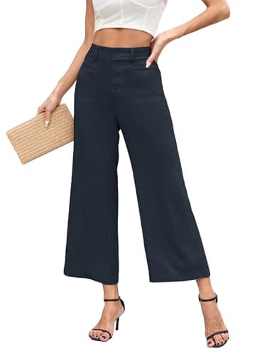 Famulily Women's Linen Button Down Wide Leg Cropped Pants with Pockets