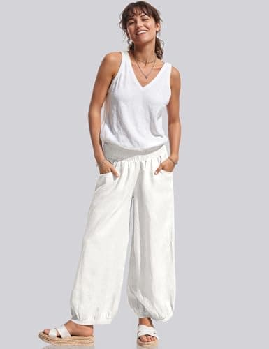 TARSE Womens Linen Wide Leg Beach Pants with Pockets