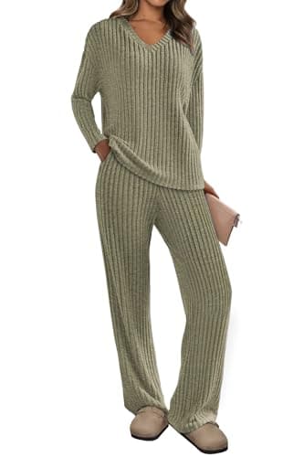 PRETTYGARDEN Women's Long Sleeve V Neck Top & Wide Leg Pants Spring Fall Outfits