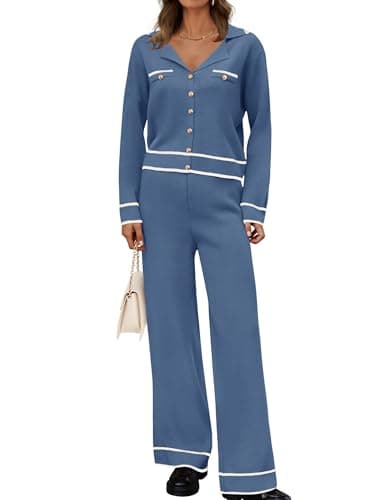 ZESICA Women's Fall Long Sleeve Knit Set V-Neck Sweater & Wide Leg Pants